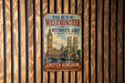 A vintage metal sign advertising the Palace of Westminster and Westminster Abbey in London, United Kingdom.