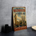 A vintage metal sign displaying the Palace of Westminster and Westminster Abbey in London, England, with the text "Palace of Westminster and Westminster Abbey, including Saint Margaret's Church, United Kingdom".