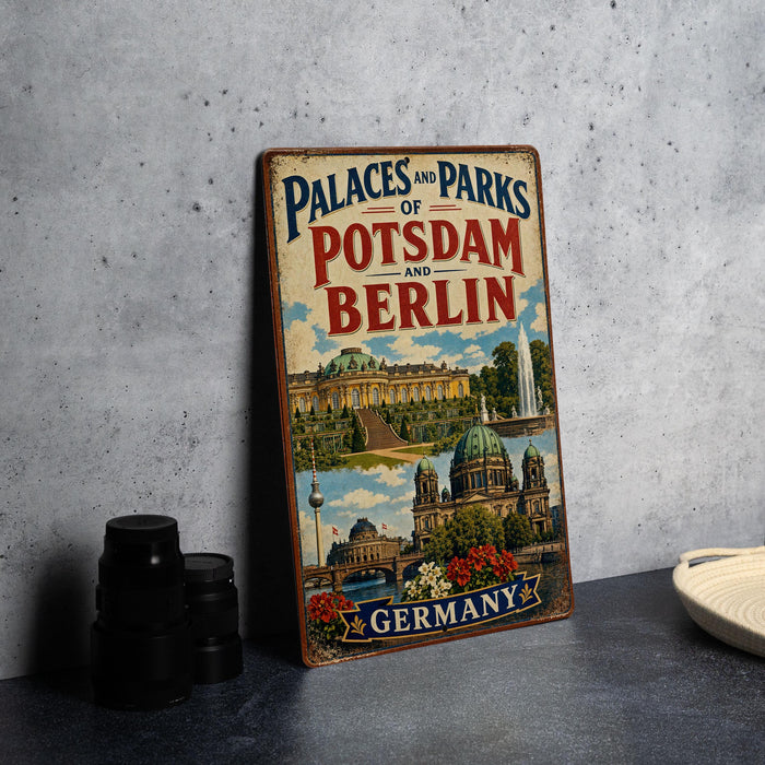 A vintage metal sign advertising "Palaces and Parks of Potsdam and Berlin" in Germany, featuring an illustration of the city's landmarks and architecture.