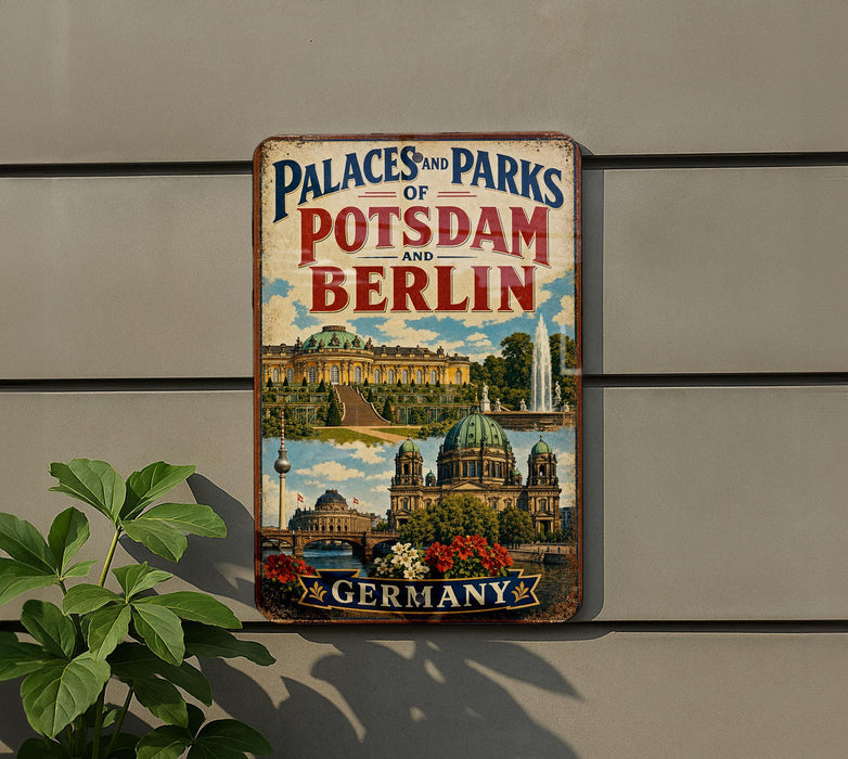 A vintage-style metal sign with the text "Palaces and Parks of Potsdam and Berlin" and images of famous landmarks in Berlin, Germany.