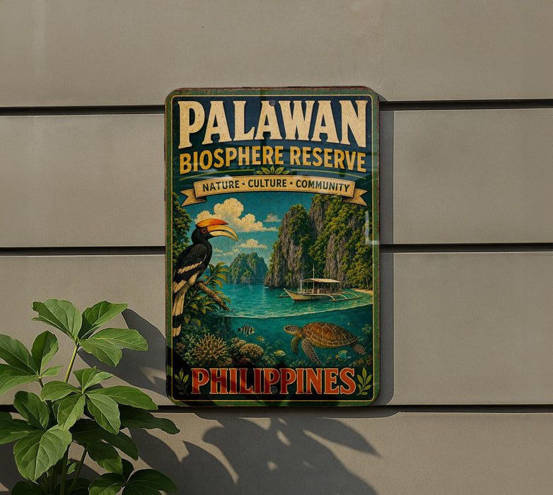 A vintage-style sign for the Palawan Biosphere Reserve in the Philippines, featuring a tropical landscape with a bird, a boat, and lush vegetation.