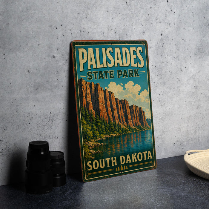 A vintage metal sign for Palisades State Park in South Dakota, featuring a scenic illustration of the park's landscape.