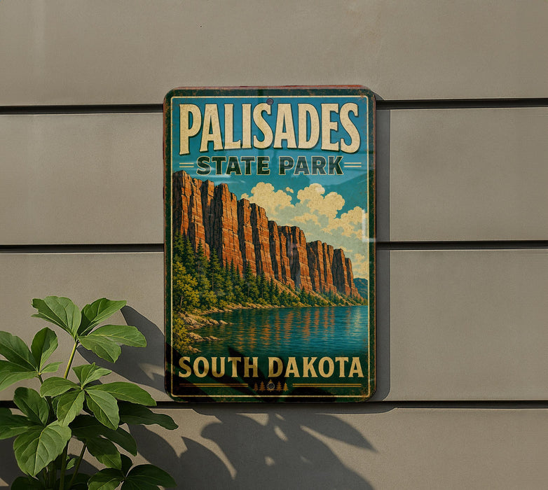 A vintage-style metal sign for Palisades State Park in South Dakota, featuring a scenic mountain landscape with a lake and clouds in the background.