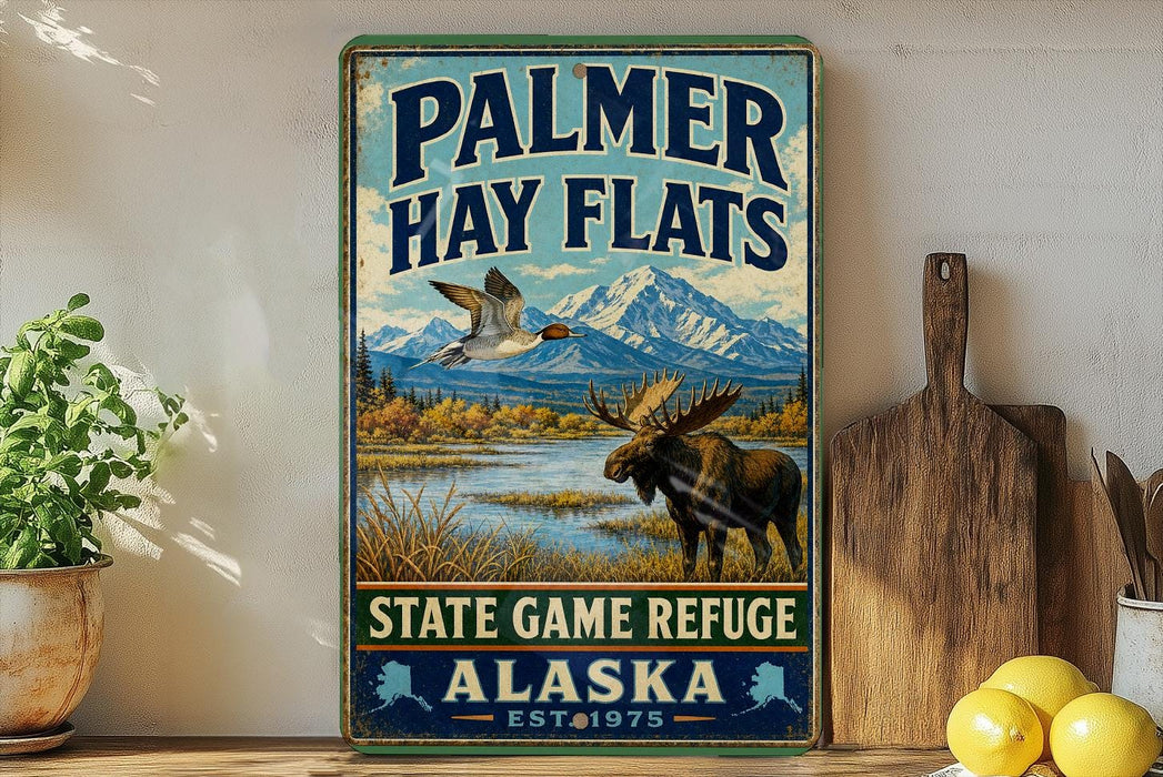 A vintage-style sign for Palmer Hay Flats, a state game refuge in Alaska, featuring a moose and a bird in a scenic landscape.