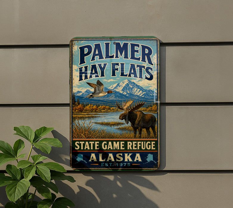 A vintage metal sign for Palmer Hay Flats, featuring a moose and a bird in a scenic landscape, with mountains in the background.