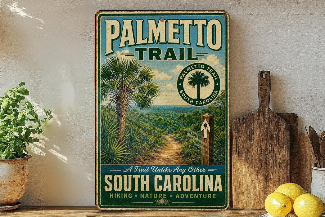 A vintage-style metal sign for the Palmetto Trail in South Carolina, featuring a palm tree and a trail marker, is displayed on a shelf next to a wooden cutting board and some lemons.