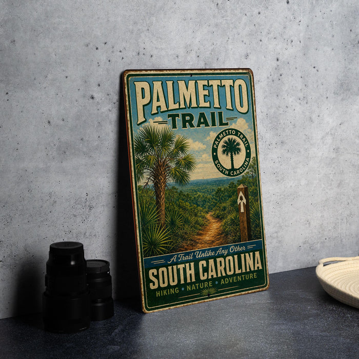 A vintage-style metal sign for the Palmetto Trail in South Carolina, featuring a palm tree and a trail marker, is displayed on a gray countertop next to some black camera lenses.