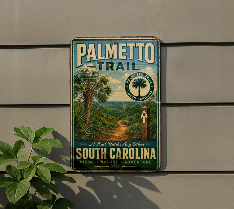 A metal sign on a wall, featuring a palm tree and a trail, with the text "Palmetto Trail" and "South Carolina Hiking, Nature, Adventure" displayed.