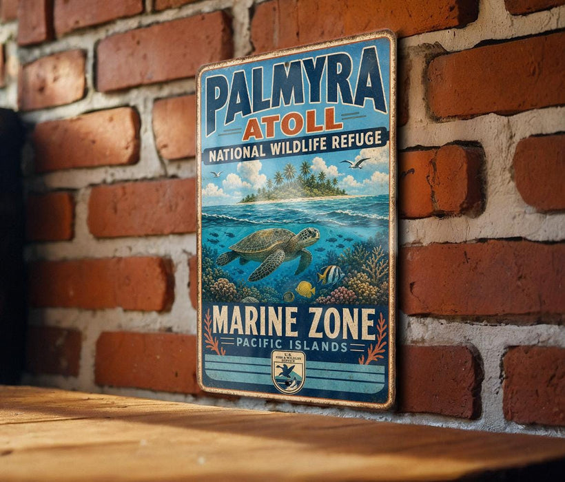 A metal sign with a tropical island scene and marine life, mounted on a brick wall.