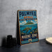 A vintage metal sign for the Palmyra Atoll National Wildlife Refuge, featuring an illustration of a sea turtle swimming in the ocean.