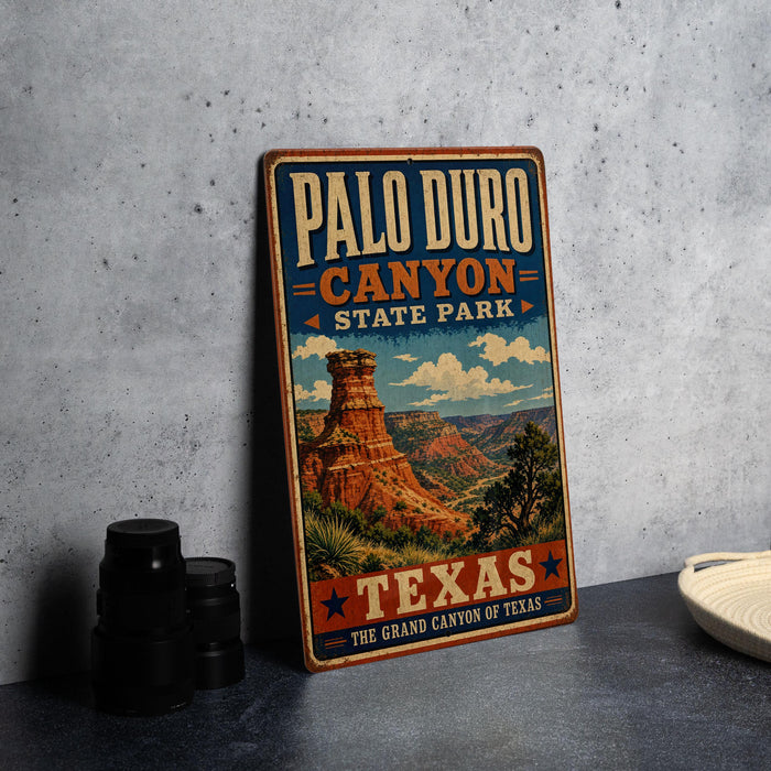 A vintage-style metal sign for Palo Duro Canyon State Park in Texas, featuring a desert landscape with a prominent rock formation.
