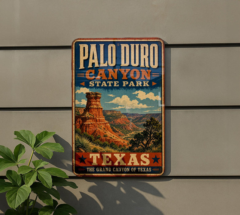A vintage-style metal sign for the Grand Canyon of Texas, featuring a scenic illustration of the canyon landscape.