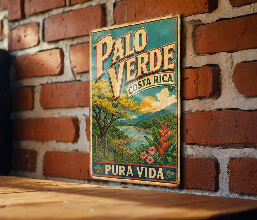 A vintage-style metal sign with the text "PALO VERDE" and "COSTA RICA" is displayed on a brick wall.