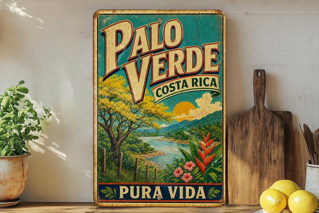A vintage-style poster of the city of Pura Vida, Costa Rica, featuring a scenic landscape with a river, mountains, and tropical vegetation.