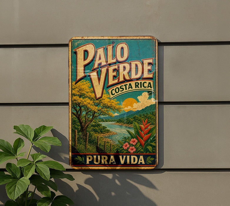 A vintage-style sign for "Palo Verde" coffee from Costa Rica, featuring a tropical landscape with palm trees, flowers, and a river.