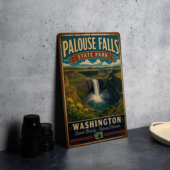 A vintage-style sign for Palouse Falls State Park in Washington, featuring a scenic image of the waterfall and surrounding landscape.