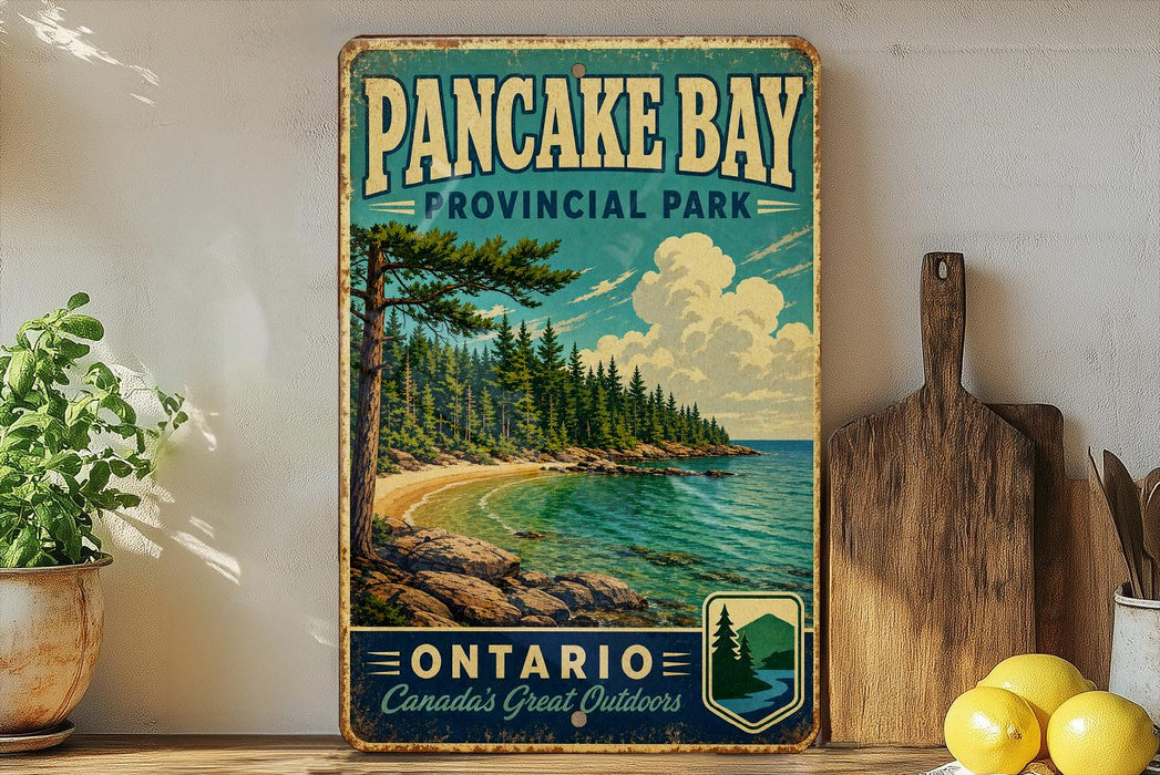 A vintage-style sign for Pancake Bay Provincial Park in Ontario, Canada, featuring a scenic landscape with pine trees, a beach, and a lake.