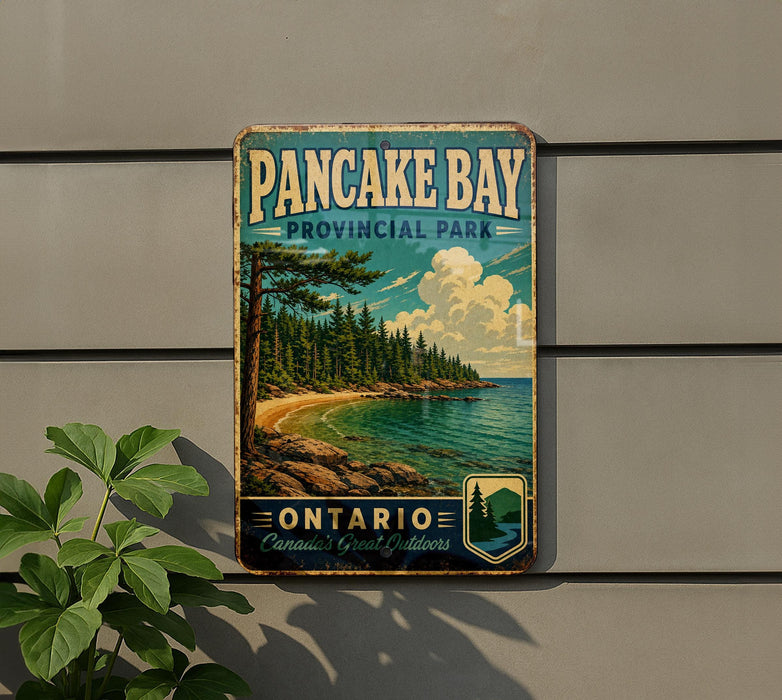 A vintage-style sign for Pancake Bay Provincial Park in Ontario, featuring a scenic landscape with a beach, pine trees, and a lake.