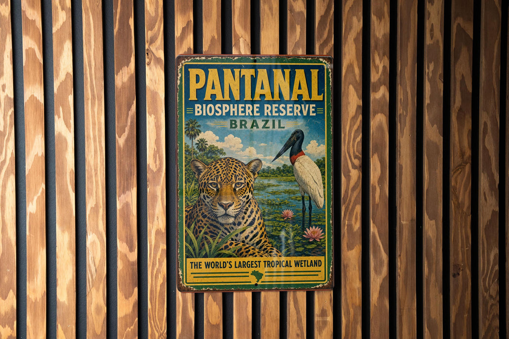 A vintage metal sign for the Pantanal Biosphere Reserve in Brazil, featuring an illustration of a jaguar and a bird in a tropical landscape.