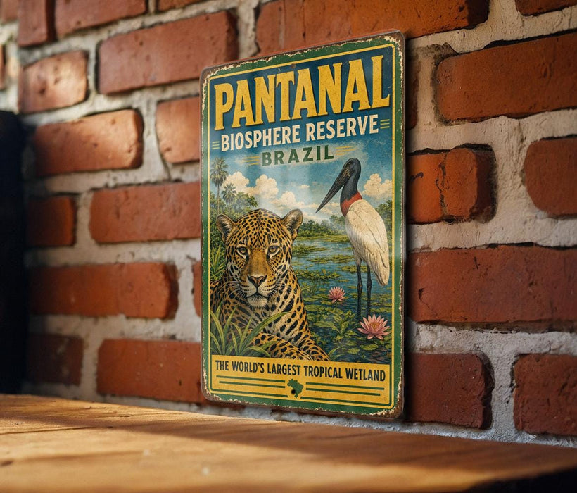 A vintage Pantanal Biosphere Reserve sign is displayed on a brick wall, featuring a leopard and a bird in a tropical wetland setting.
