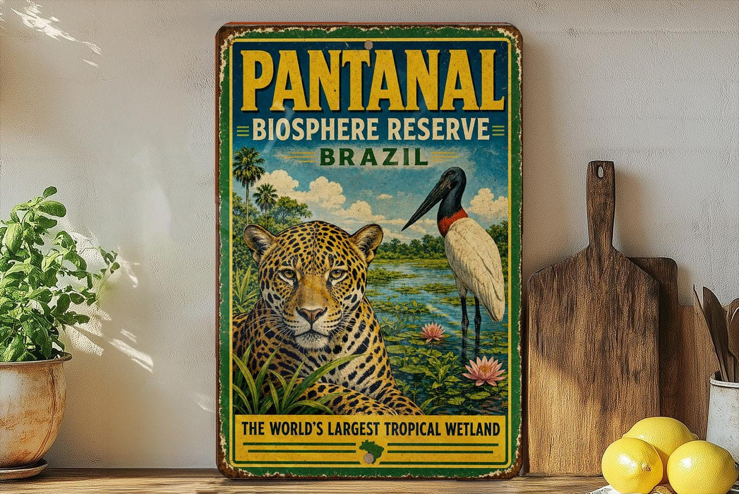 A vintage-style sign for the Pantanal Biosphere Reserve in Brazil, featuring a jaguar and a bird in a tropical landscape.