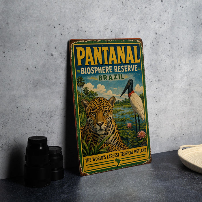 A vintage-style sign for Pantanal Biosphere Reserve in Brazil, featuring a jaguar and a bird in a tropical wetland setting.