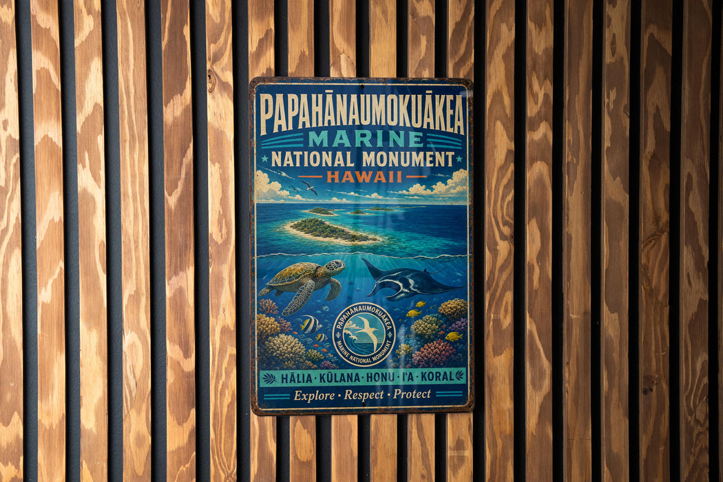 A metal sign with text and illustrations of marine life, including sea turtles, coral, and fish, mounted on a wooden wall.
