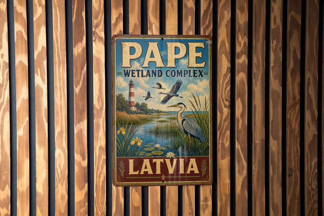 A vintage metal sign with the text "PAPE WETLAND COMPLEX LATVIA" is displayed on a wooden wall.