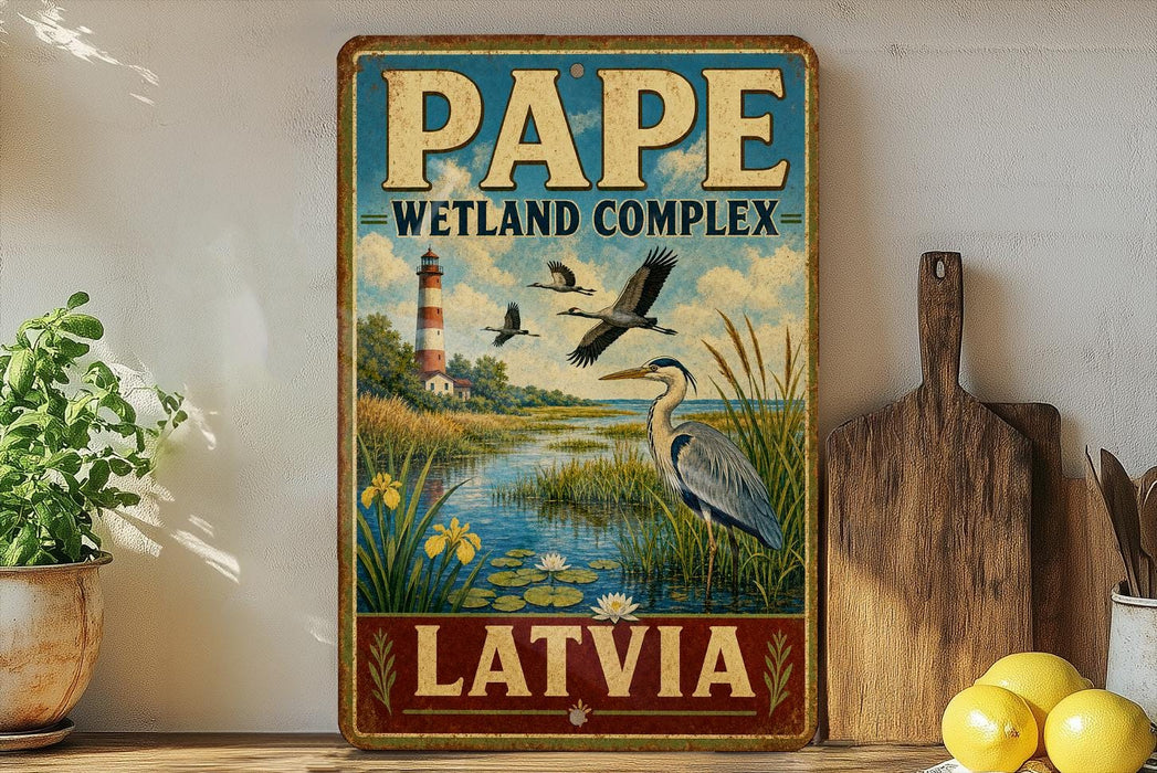 A vintage-style metal sign with a painting of a lighthouse, birds, and a pond, along with the text "PAPE WETLAND COMPLEX LATVIA".