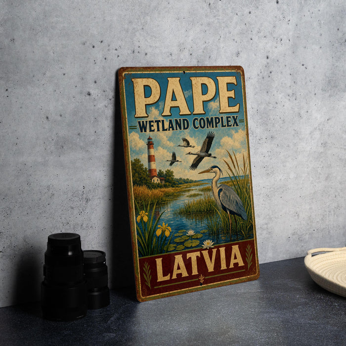 A vintage-style metal sign with the text "PAPE WETLAND COMPLEX" and "LATVIA" on it, featuring an illustration of a lighthouse and birds in a wetland landscape.