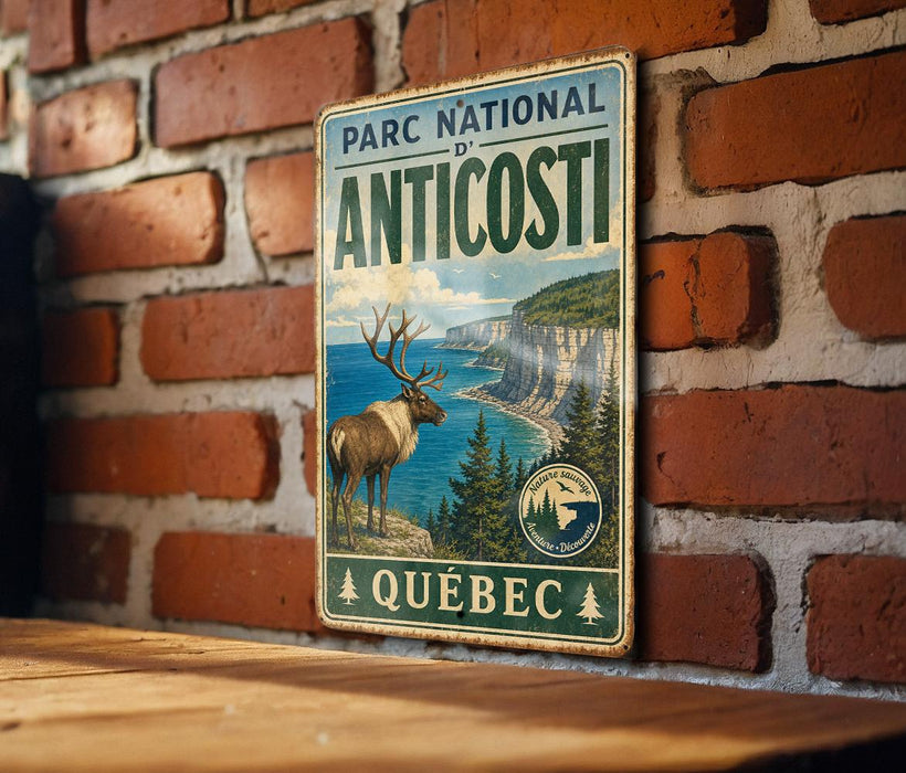 A vintage metal sign for the Parc National de Anticosti in Quebec, featuring a deer and a coastal landscape.