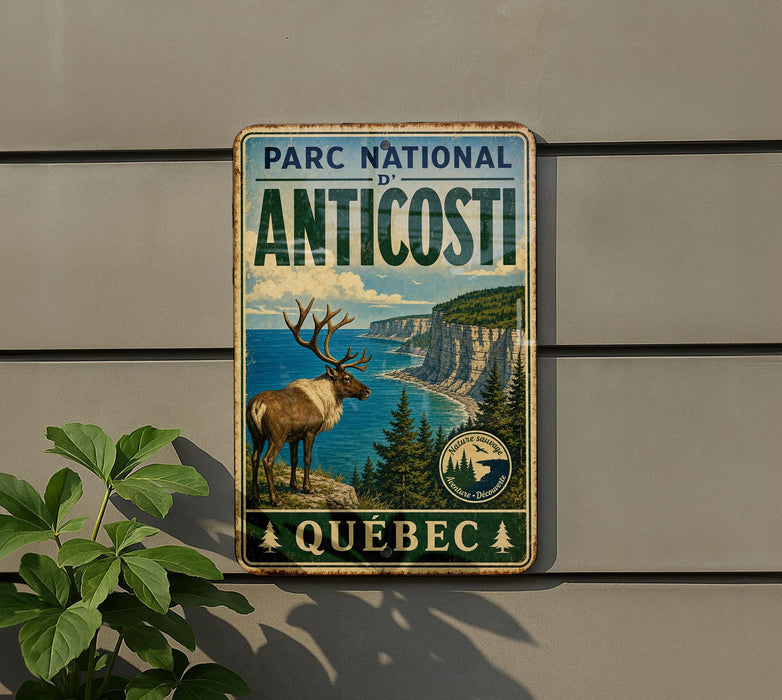 A vintage-style metal sign for the Park National of Anticosti, featuring a reindeer and a scenic coastal landscape.