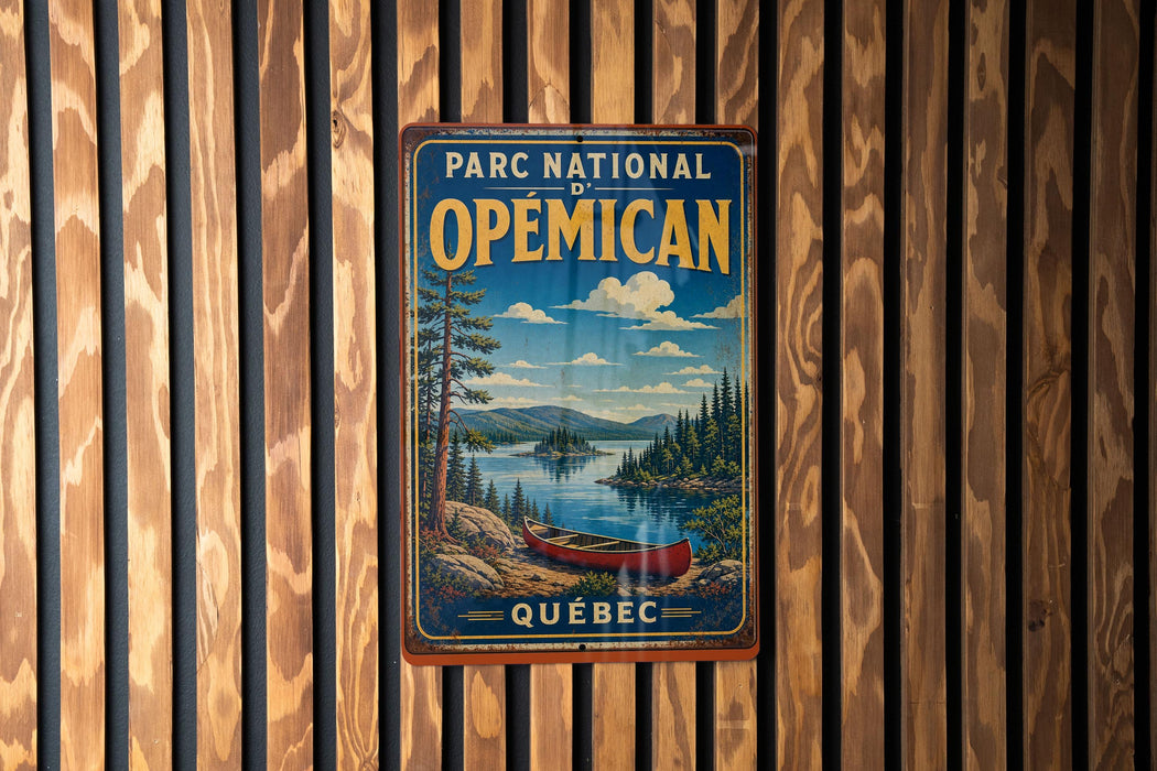 A vintage-style metal sign for the Parc National de OemICAN in Quebec, featuring a scenic landscape with a canoe on a lake.