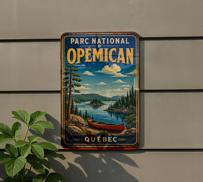 A vintage-style metal sign for the "Parc National Opecan" in Quebec, featuring a scenic landscape with a canoe on a lake.