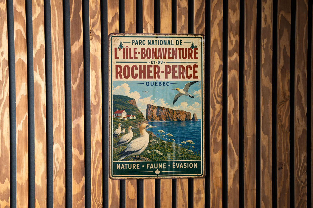 A vintage metal sign with text and an illustration of a coastal scene, mounted on a wooden wall.