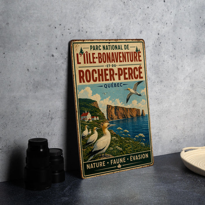 A vintage-style metal sign advertising the "L'ille-Bona Adventure" in Quebec, featuring a scenic coastal landscape with cliffs, birds, and a lighthouse.