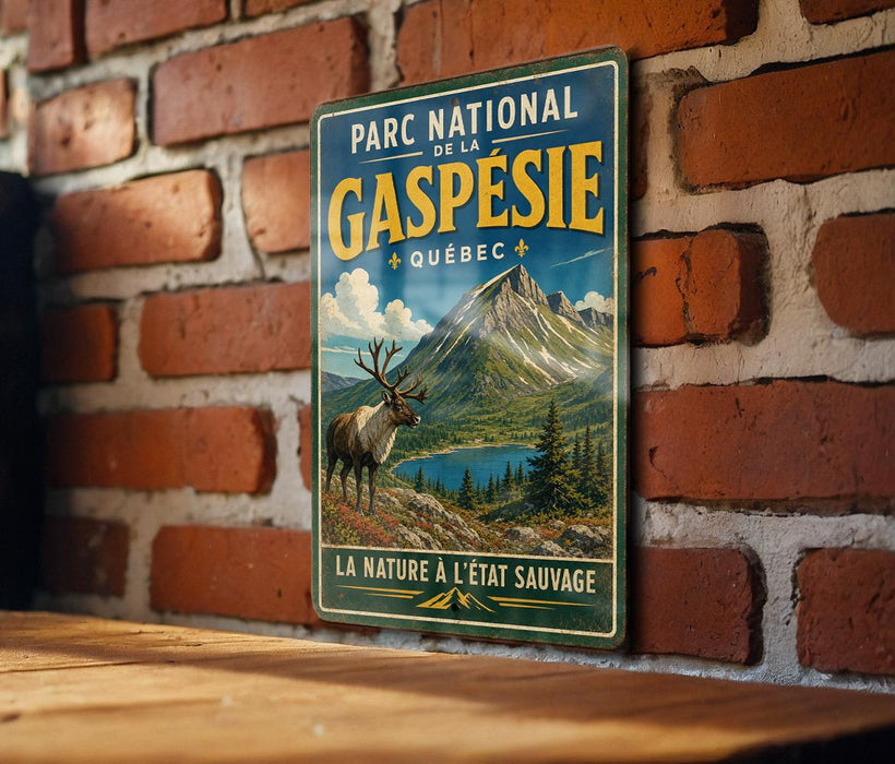 A vintage-style metal sign for the Gaspe Island in Quebec, featuring a mountain landscape with a moose and a lake.
