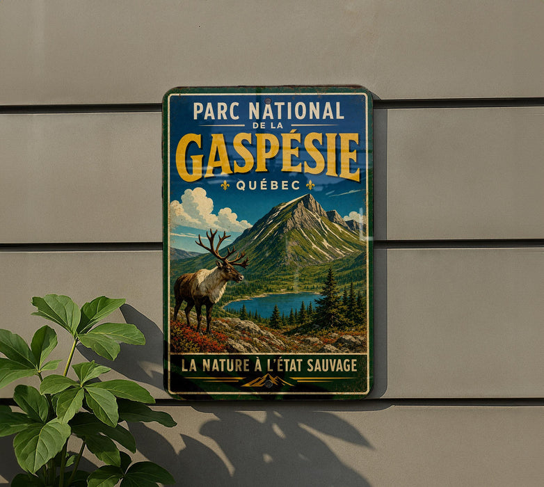 A vintage-style metal sign for the "Parc National de la Gaspée" in Quebec, featuring a reindeer and a mountainous landscape.