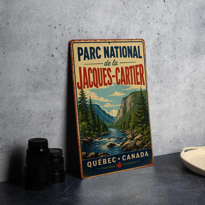 A vintage-style sign for the Park National de la Jacques-Cartier in Quebec, Canada, featuring a scenic mountain landscape.