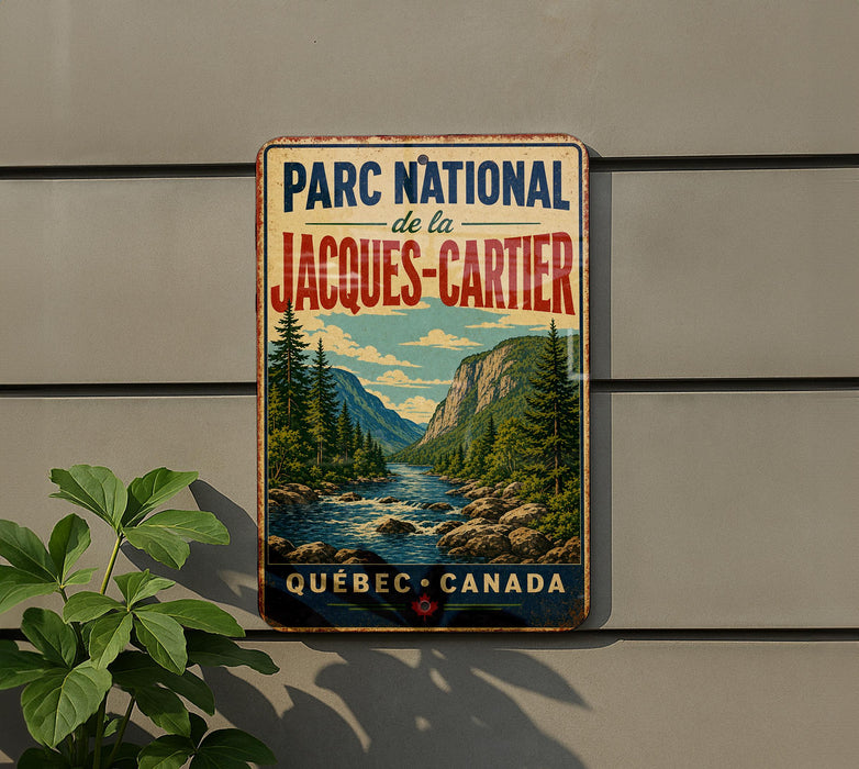 A vintage-style metal sign for the "Parc National de la Jacques-Cartier" in Quebec, Canada, featuring a scenic mountain landscape with a river.