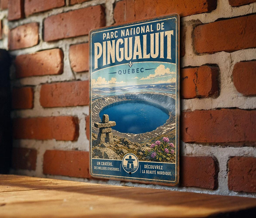 A vintage-style metal sign for the Porc National de Pingualuit in Quebec, featuring a scenic image of the lake and surrounding landscape.
