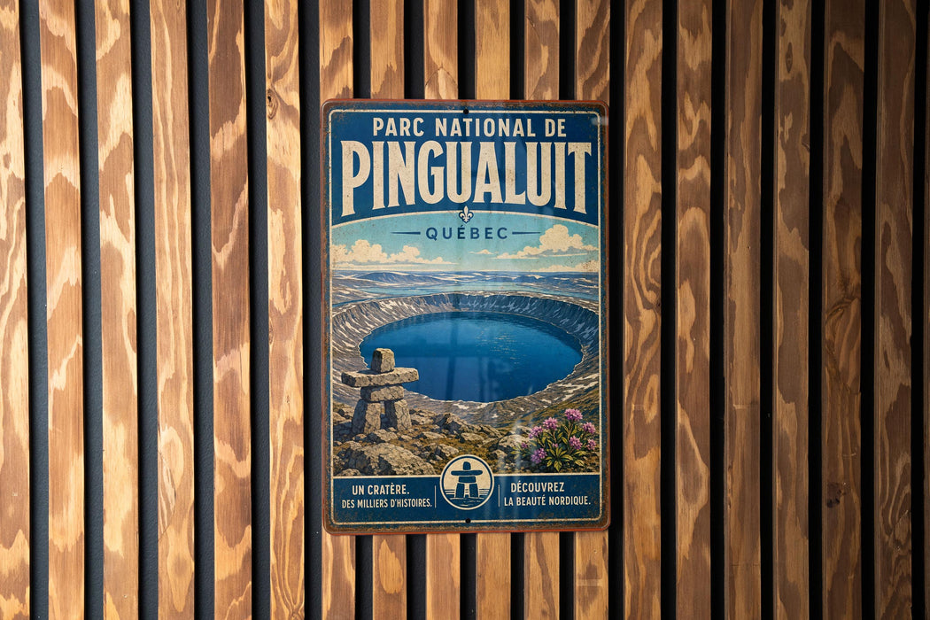 A metal sign with text and an image of a lake and mountains, mounted on a wooden wall.