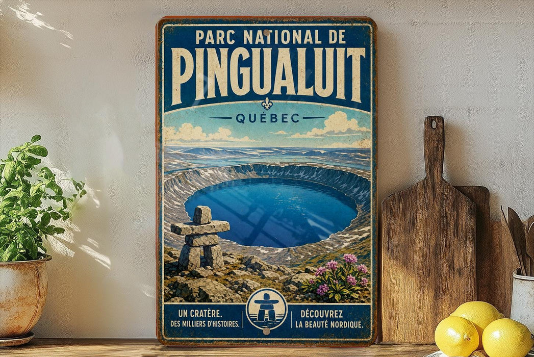 A vintage-style poster of the Pinguait Crater in Quebec, featuring a scenic image of the crater surrounded by mountains and a lake.