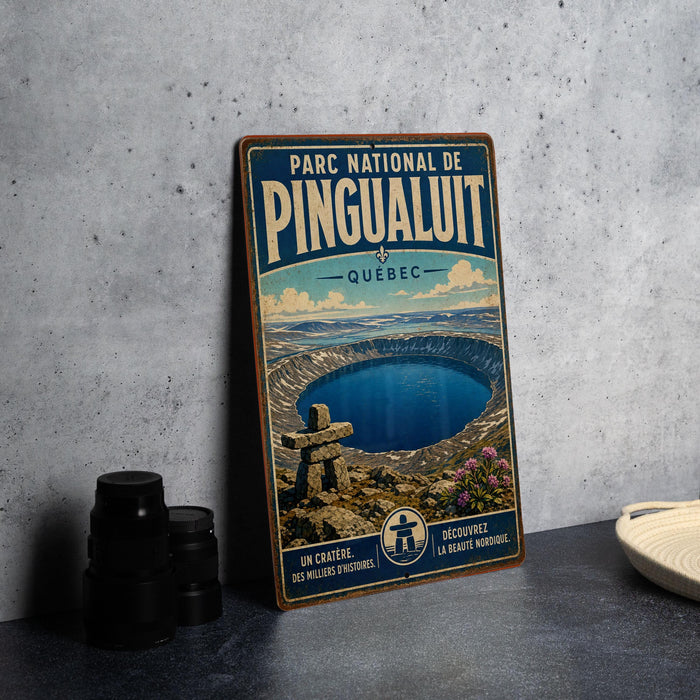 A vintage-style metal sign for the Parc National de Pingualuit in Quebec, featuring a scenic image of the lake and surrounding landscape.
