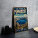 A vintage-style metal sign for the Parc National de Pingualuit in Quebec, featuring a scenic image of the lake and surrounding landscape.