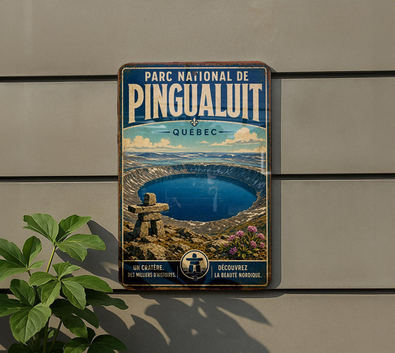 A vintage-style metal sign for the Pinguauit National Park in Quebec, Canada, featuring a scenic image of the park and its surroundings.