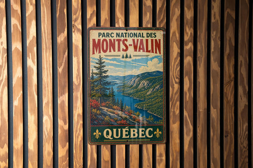 A vintage metal sign for the park, featuring a scenic landscape with mountains, a river, and pine trees.