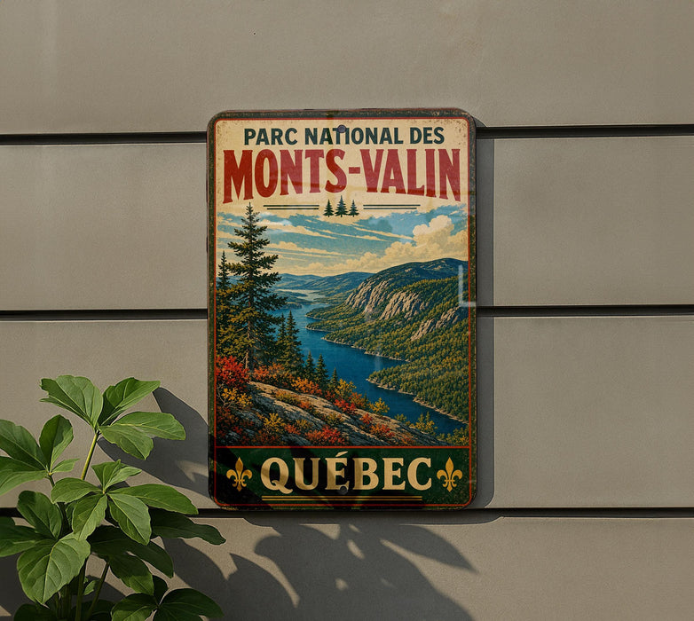 A vintage-style metal sign with a scenic mountain landscape and a river, mounted on a wall.