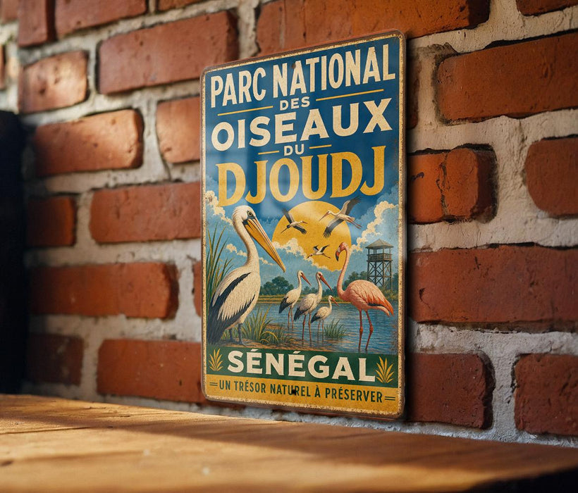 A vintage-style metal sign with text and illustrations, mounted on a brick wall.