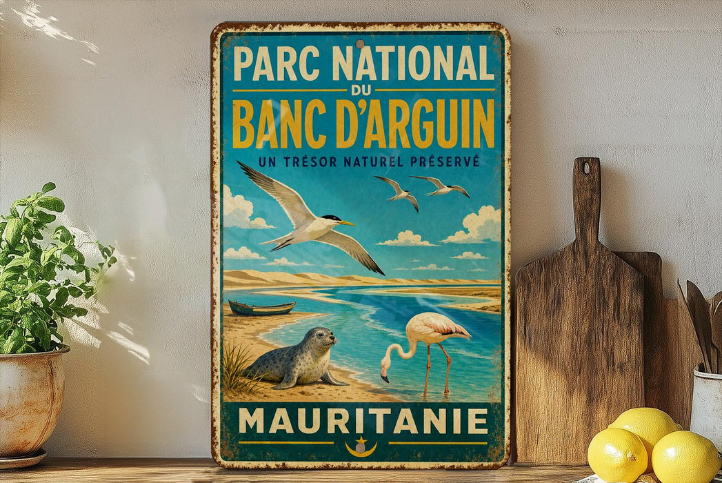 a vintage-style metal sign with a beach scene and birds, placed on a wooden surface next to a wooden cutting board and some lemons.